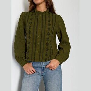 Olive Green Textured Ruffle Collar Button Front Blouse